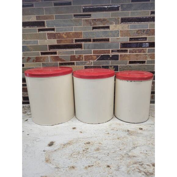 3 Vintage Canisters, Metal Kitchen Tins Red & Cream Farmhouse Primitive - Picture 2 of 6